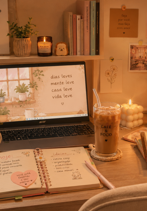 Home office cozy e organizado com iluminação quente, plantas, café e decoração aconchegante para rotina leve e com produtividade.