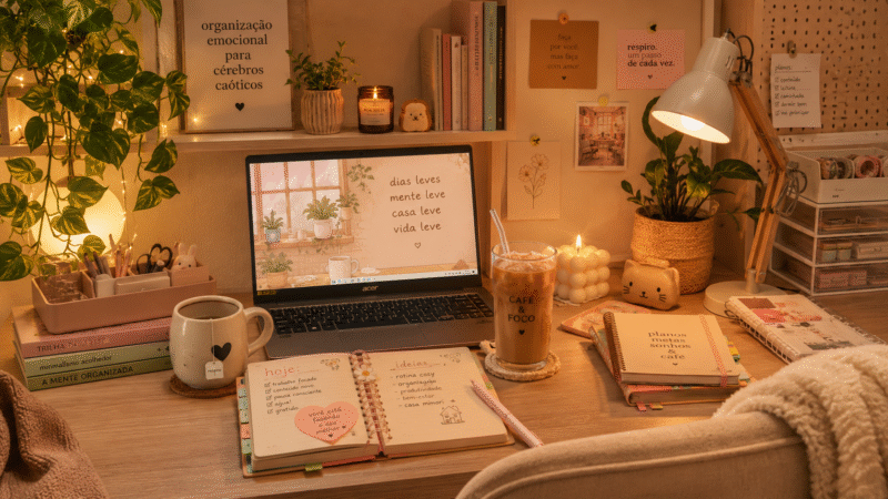 Home office cozy e organizado com iluminação quente, plantas, café e decoração aconchegante para rotina leve e com produtividade.